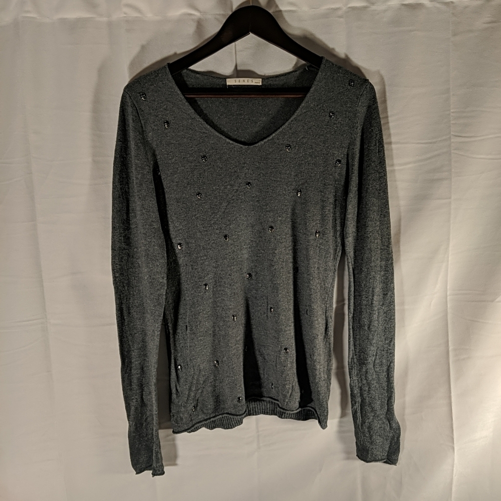 Senes Paris Skull Gunmetal Grey Knit long sleeve sweater top shirt women's small
